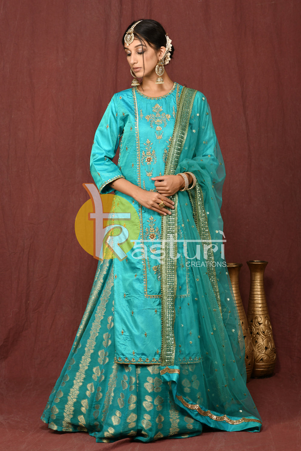 Blue embroidered silk kurta with lehenga skirt