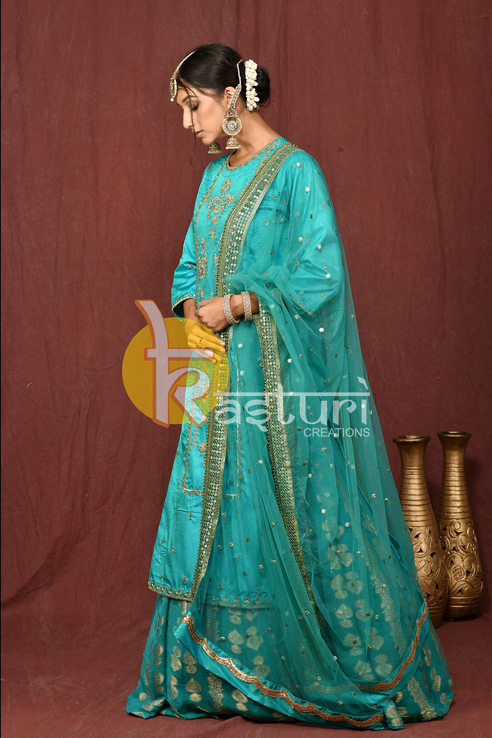 Blue embroidered silk kurta with lehenga skirt