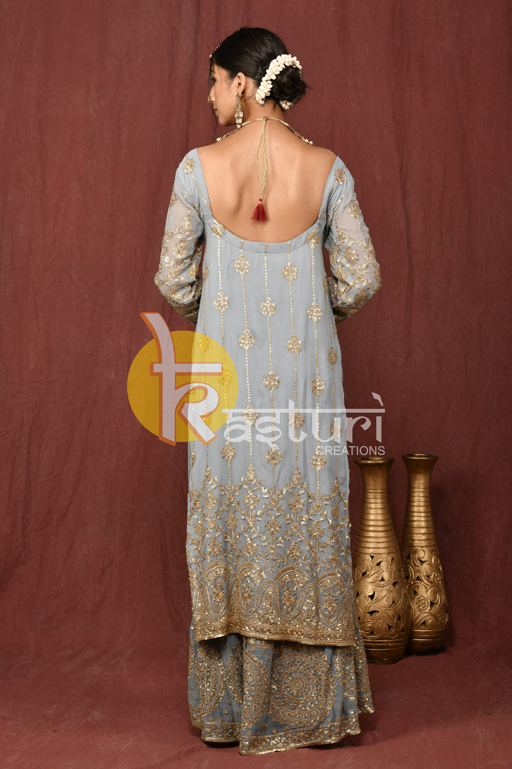 Grey embroidered silk long kurti and palazzo set