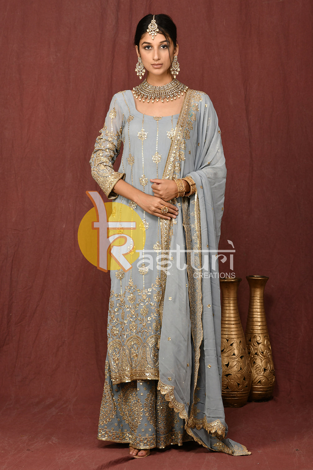 Grey embroidered silk long kurti and palazzo set