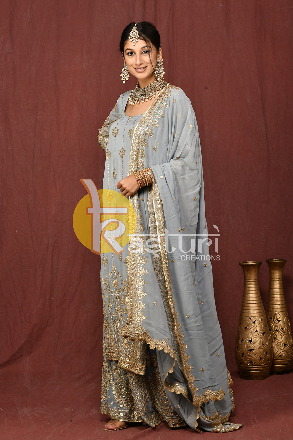 Grey embroidered silk long kurti and palazzo set