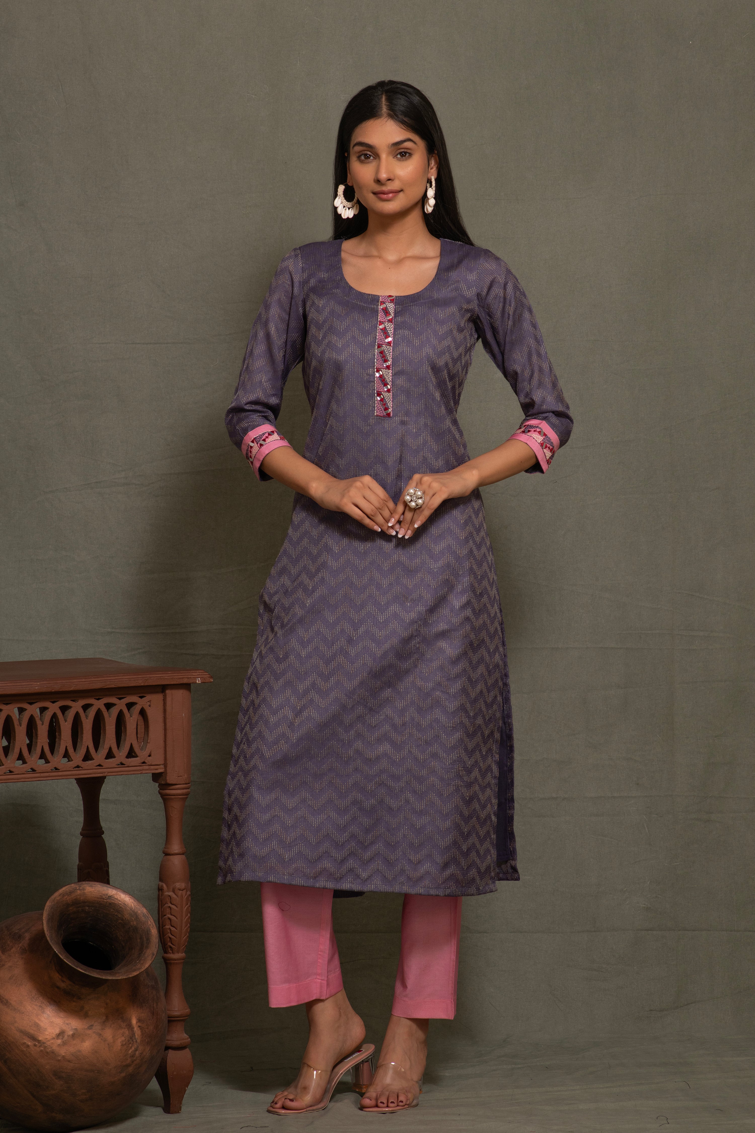 Bhagalpuri katan three piece dupatta suit with embroidered neckline. K31