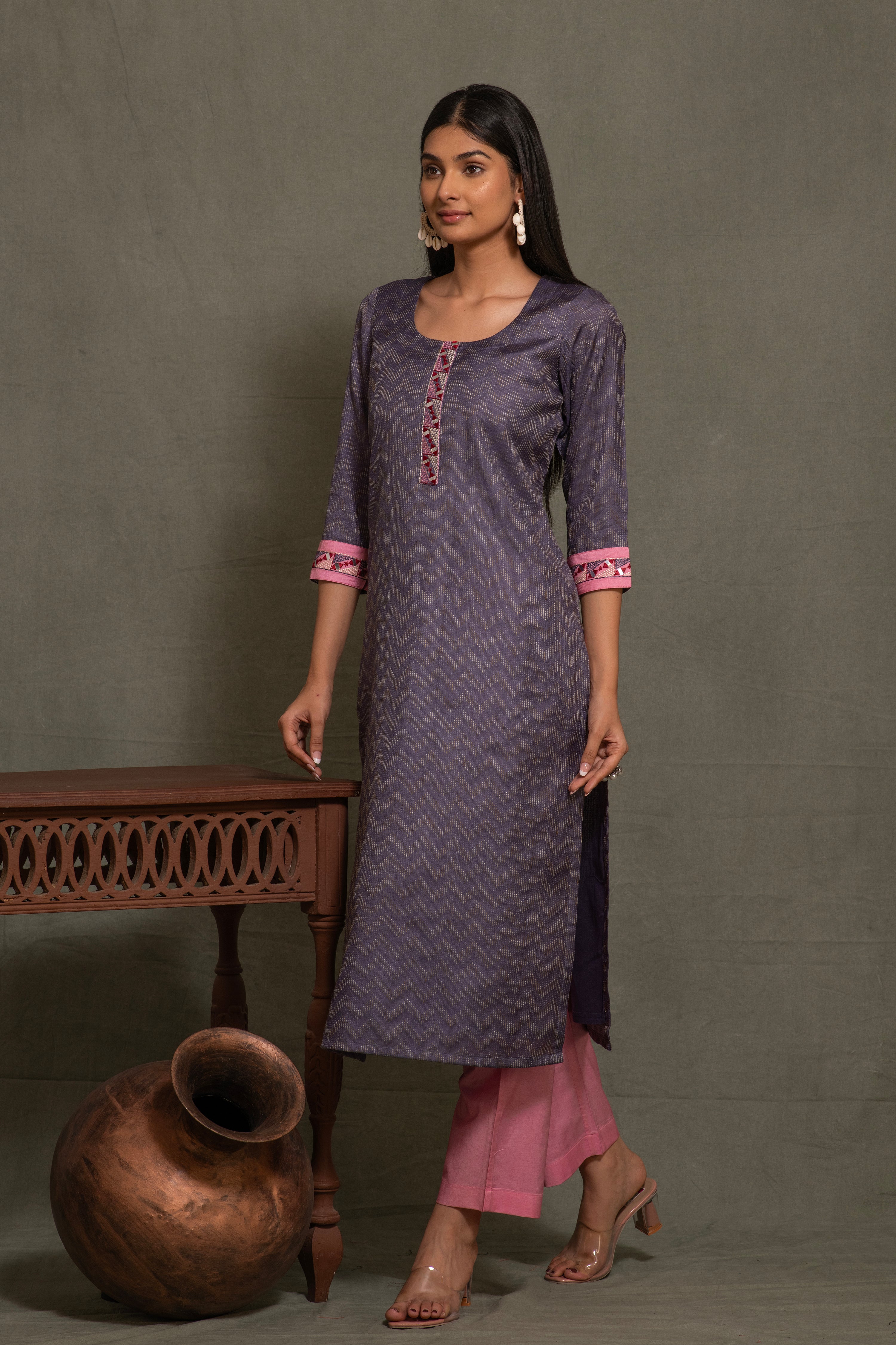 Bhagalpuri katan three piece dupatta suit with embroidered neckline. K31