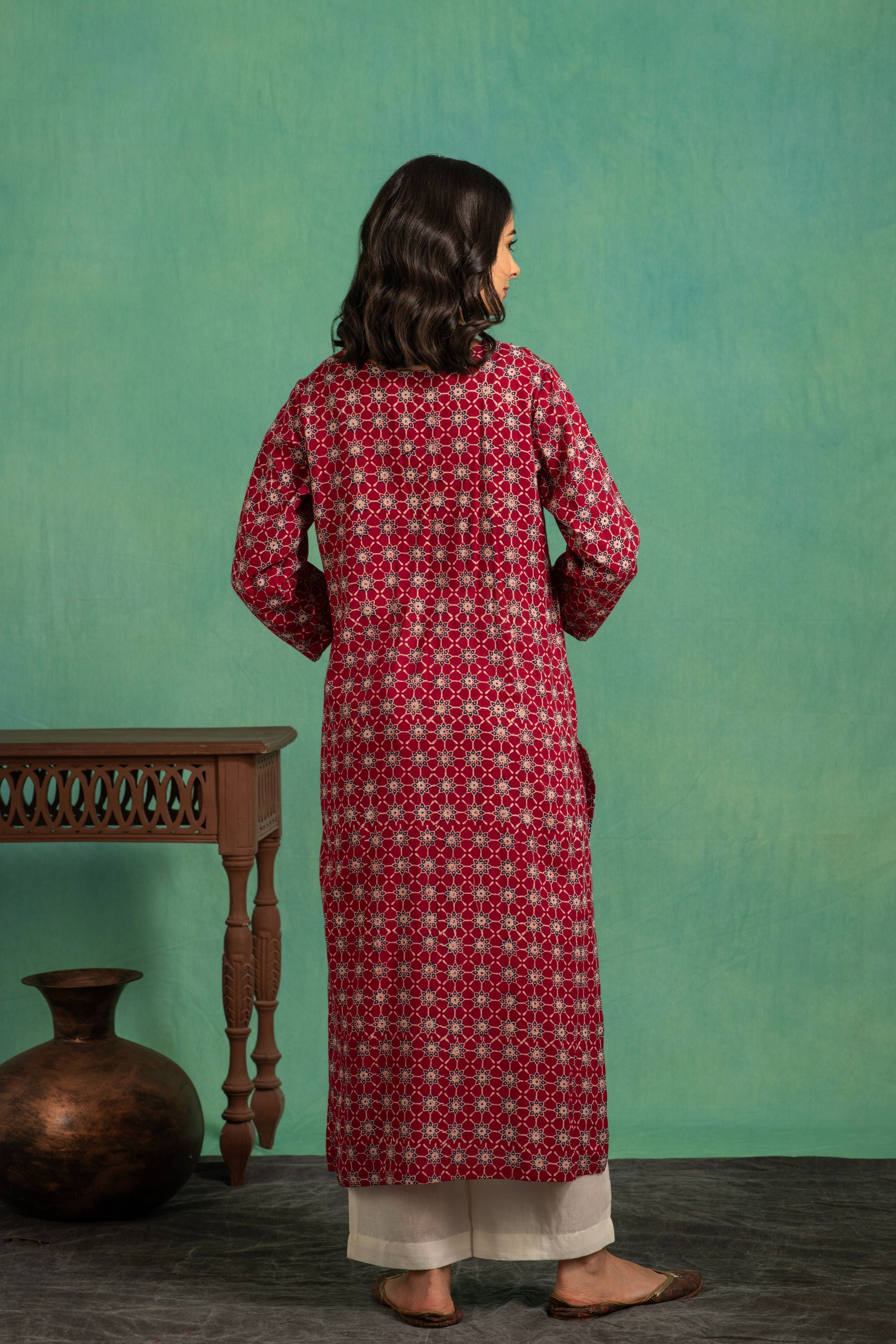 Ajrakh Handblock Pure Cotton Shirt with Embroidered Yoke and a white Bottom