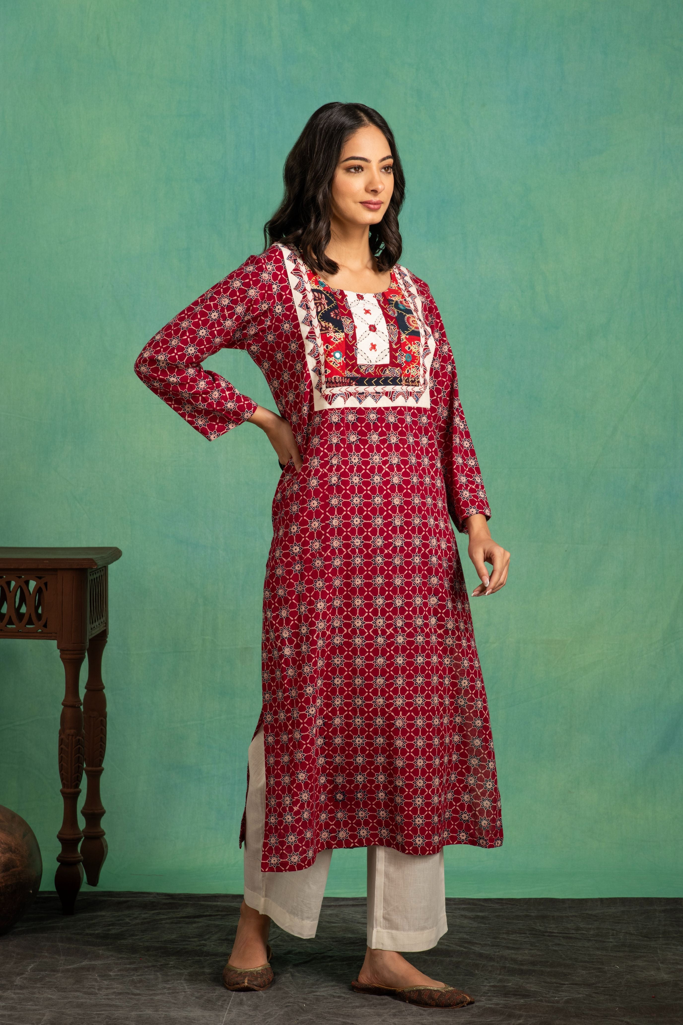 Ajrakh Handblock Pure Cotton Shirt with Embroidered Yoke and a white Bottom