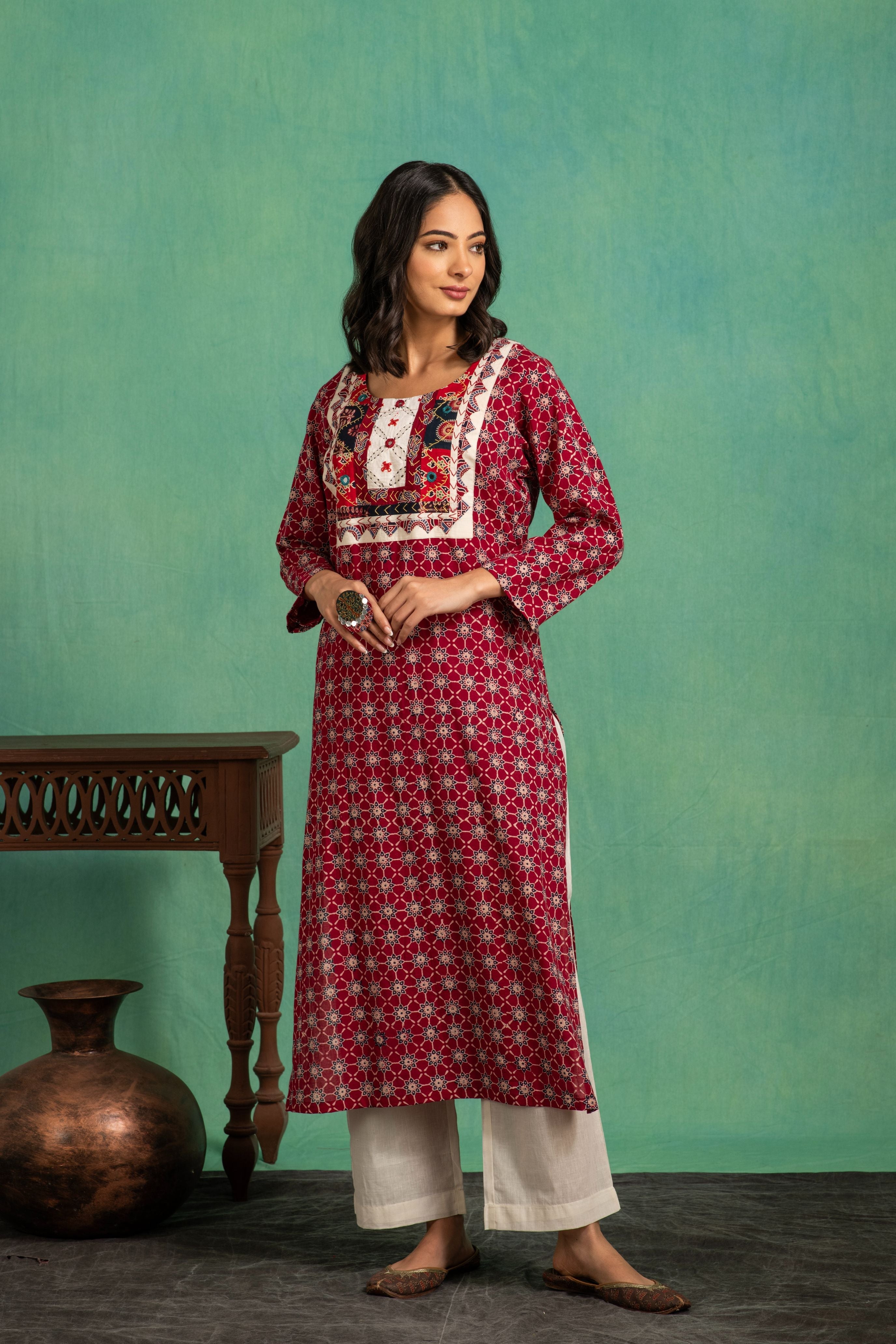 Ajrakh Handblock Pure Cotton Shirt with Embroidered Yoke and a white Bottom