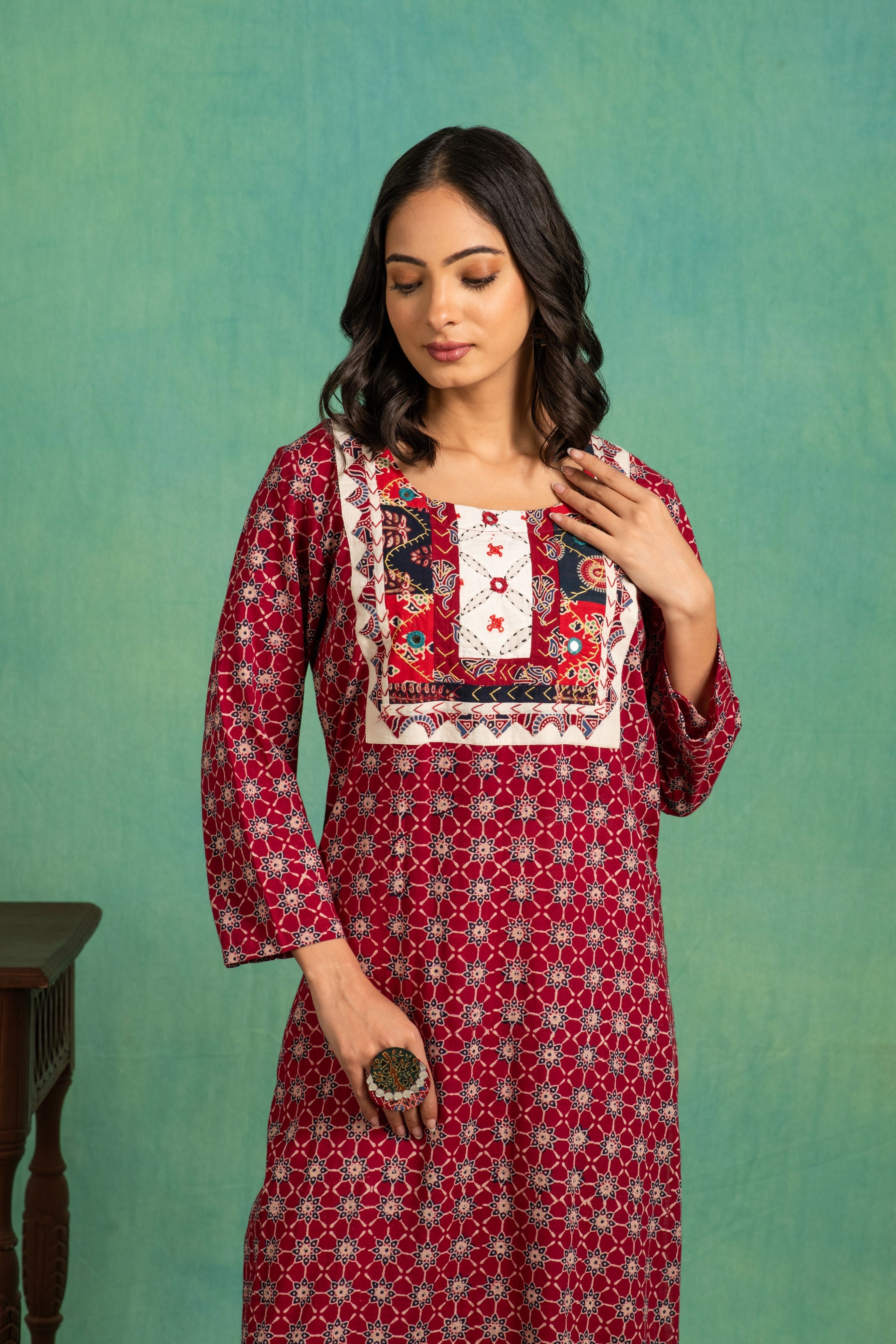 Ajrakh Handblock Pure Cotton Shirt with Embroidered Yoke and a white Bottom