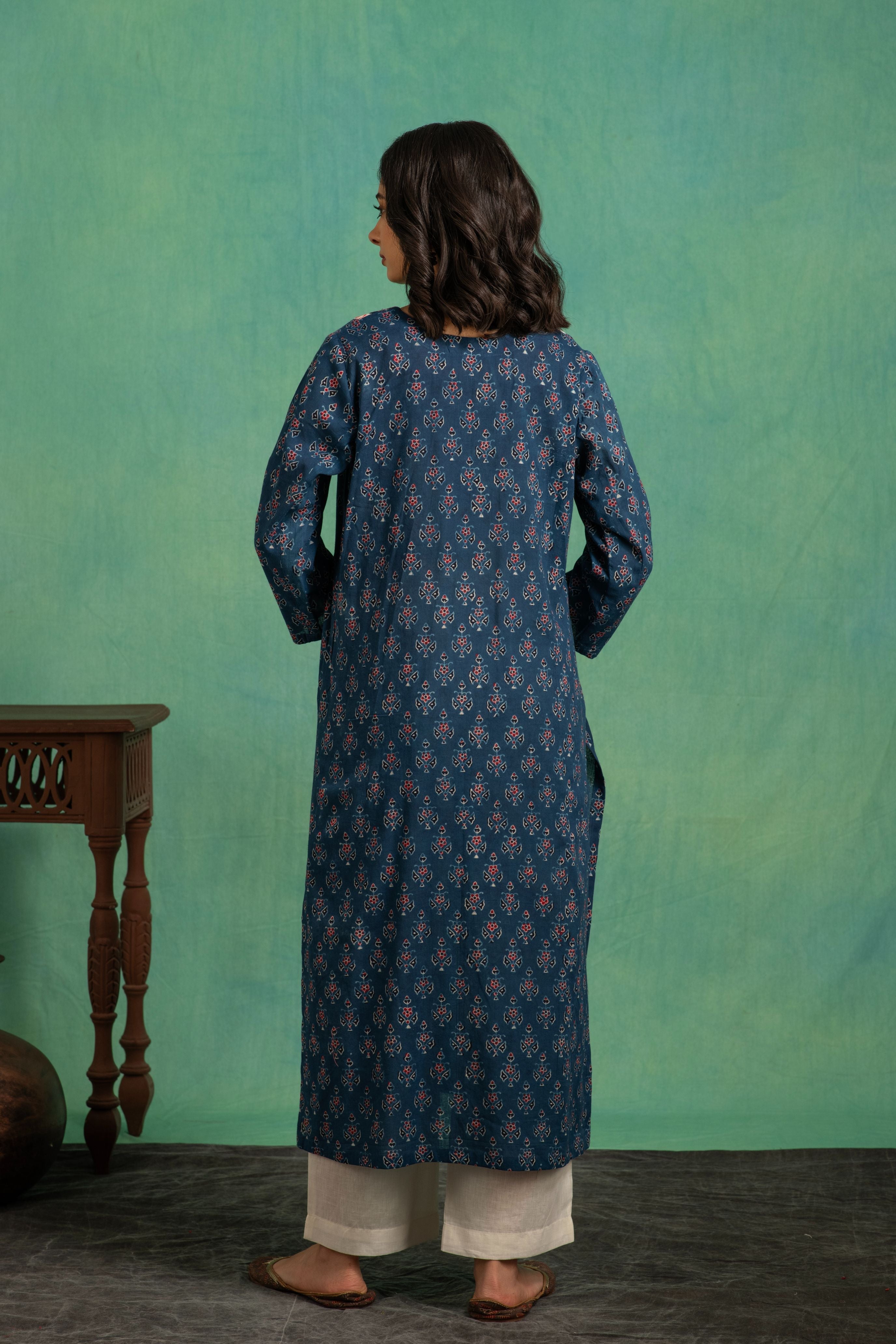 Ajrakh Handblock Pure Cotton Shirt with Embroidered Yoke and a whiteBottom