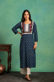 Ajrakh Handblock Pure Cotton Shirt with Embroidered Yoke and a whiteBottom