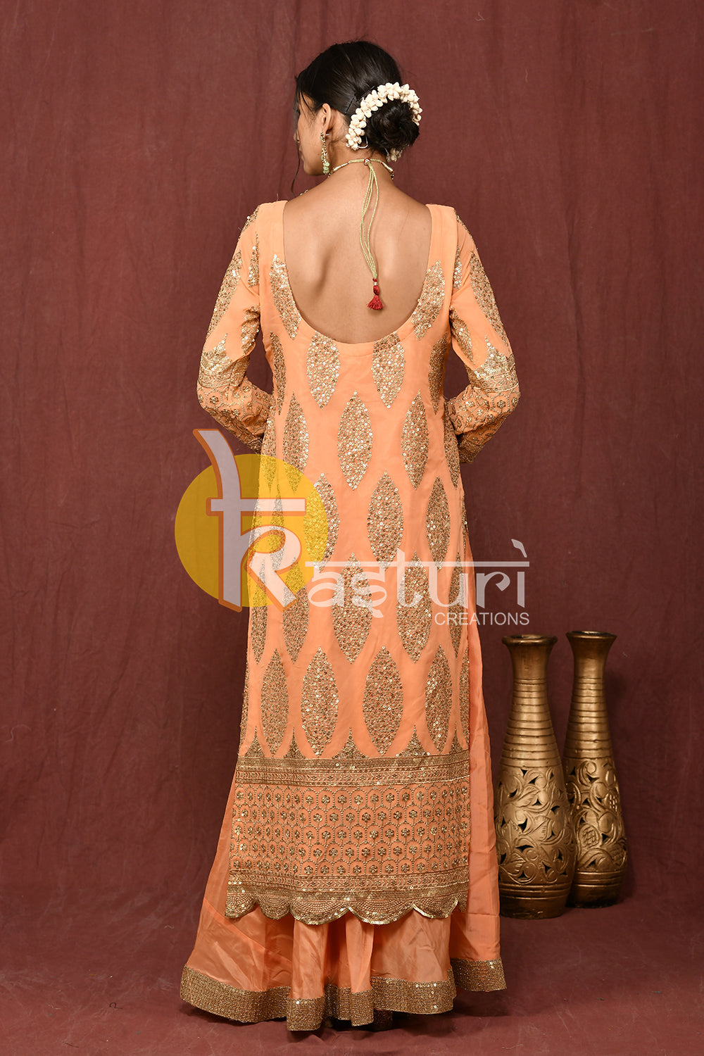 Peach heavy embroidered kurti and palazzo set