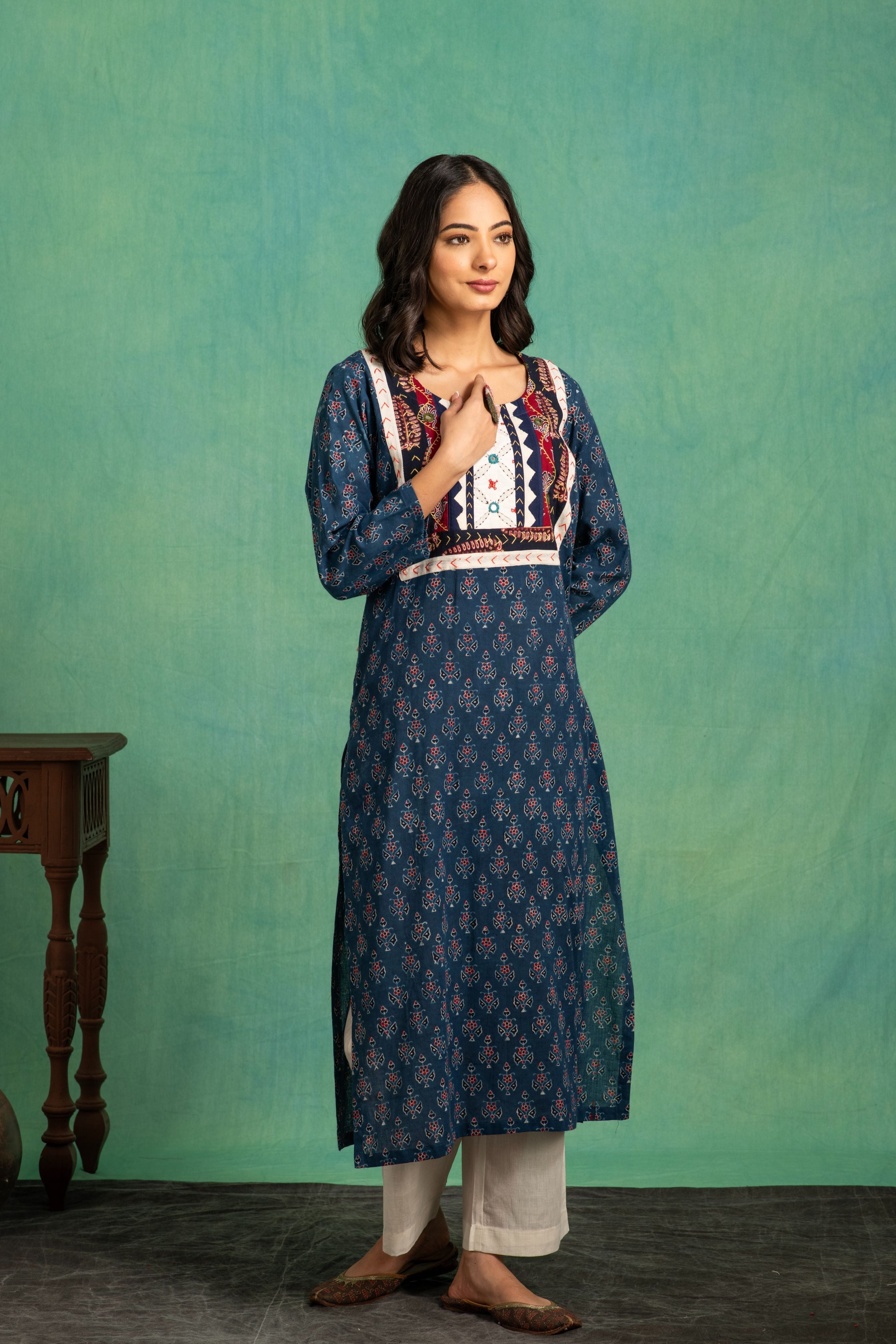 Ajrakh Handblock Pure Cotton Shirt with Embroidered Yoke and a whiteBottom