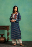 Ajrakh Handblock Pure Cotton Shirt with Embroidered Yoke and a whiteBottom