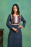 Ajrakh Handblock Pure Cotton Shirt with Embroidered Yoke and a whiteBottom