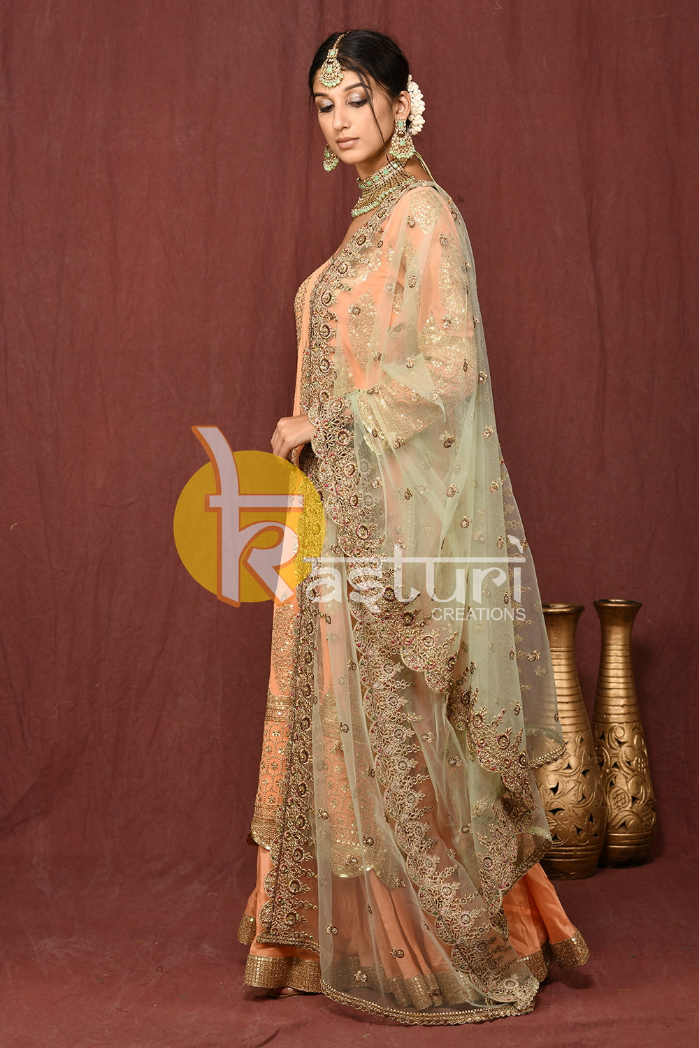 Peach heavy embroidered kurti and palazzo set