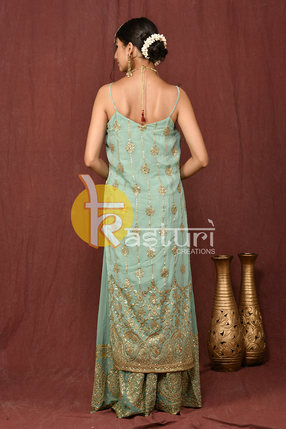 Blue heavy embroidered kurti and palazzo set