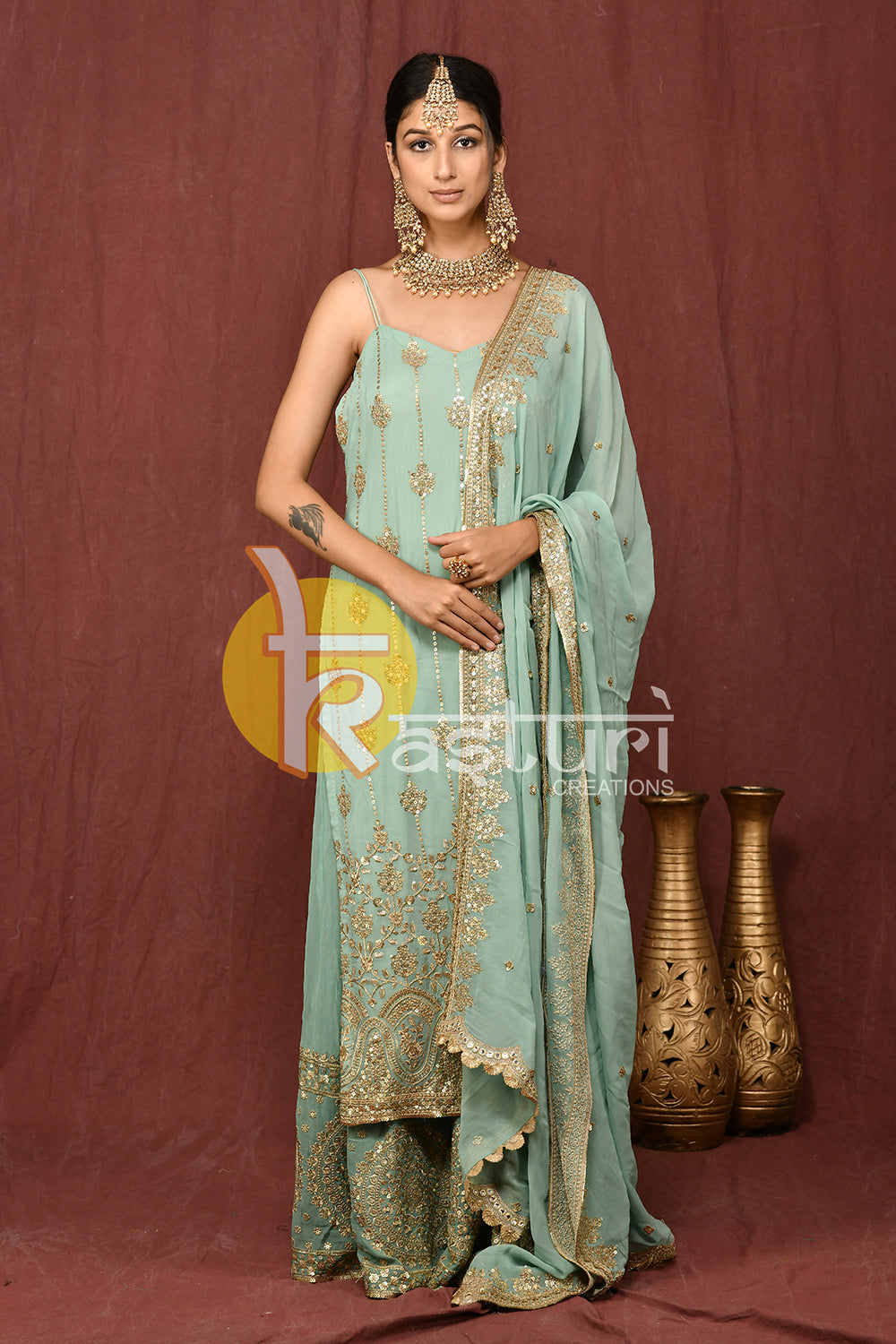 Blue heavy embroidered kurti and palazzo set