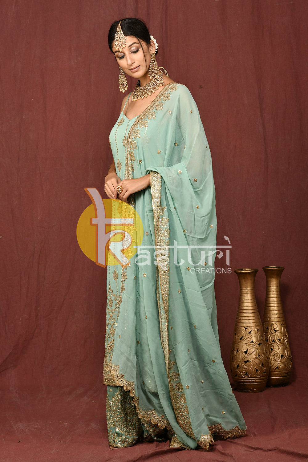 Blue heavy embroidered kurti and palazzo set