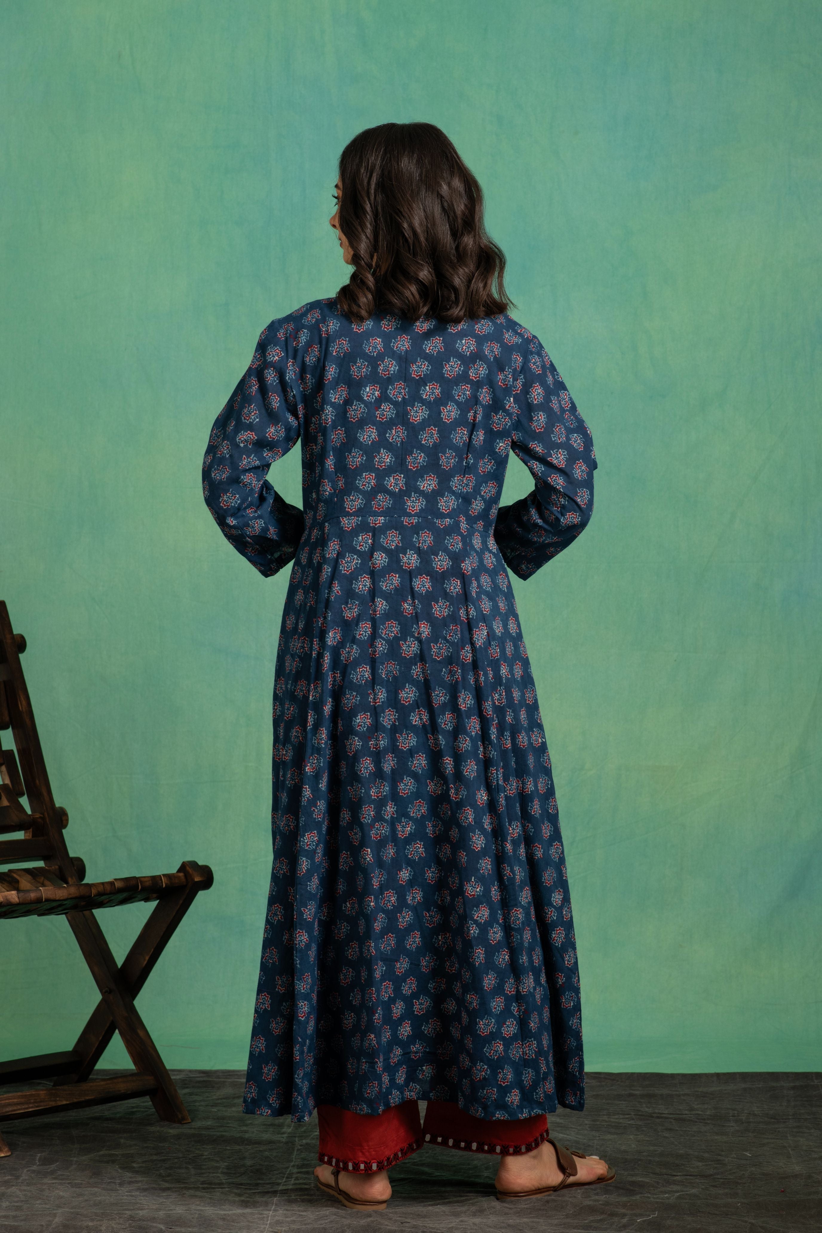 Ajrakh Handblock Pure Cotton Flaired Top with Embroidered Neckline