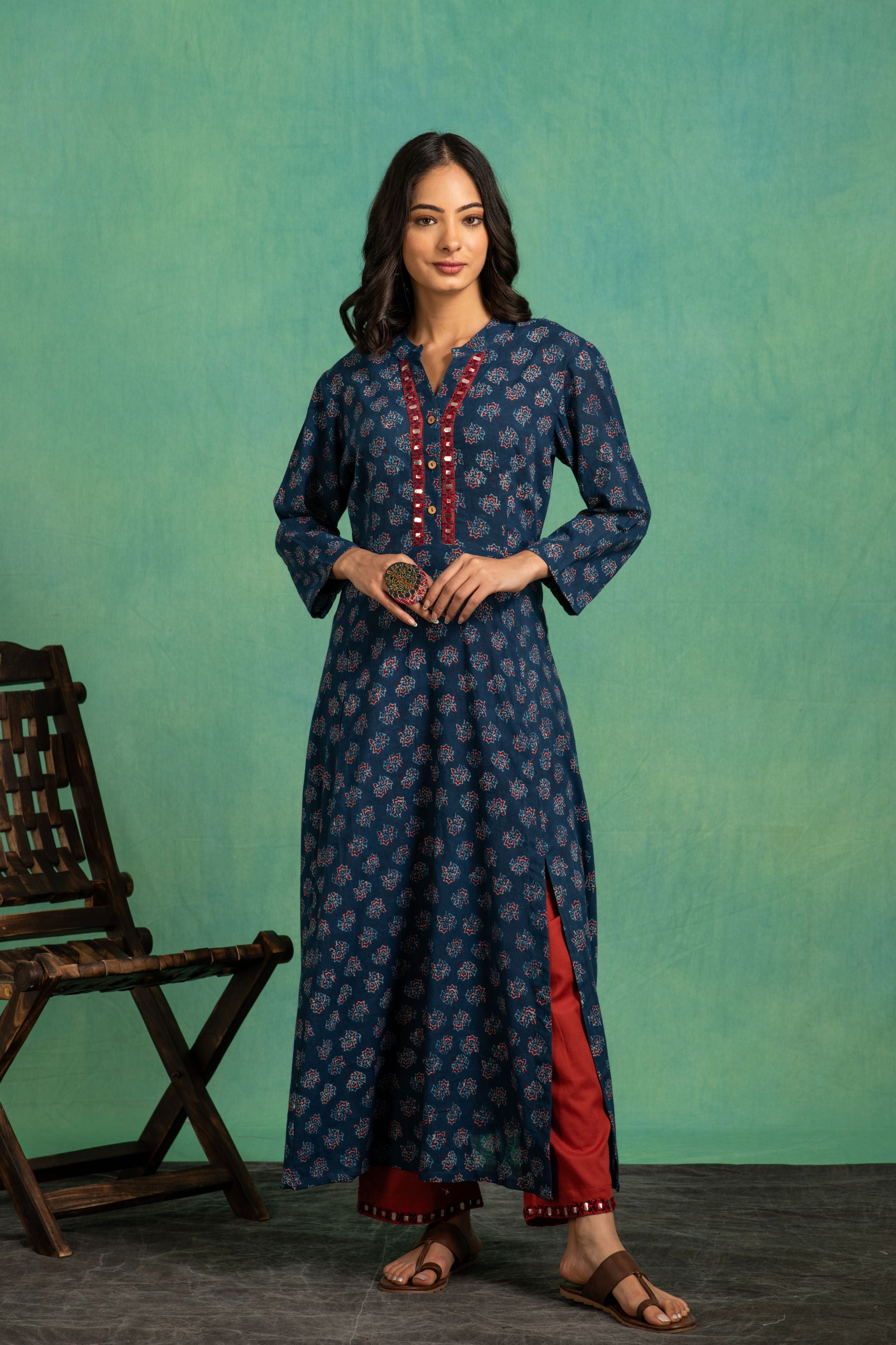 Ajrakh Handblock Pure Cotton Flaired Top with Embroidered Neckline