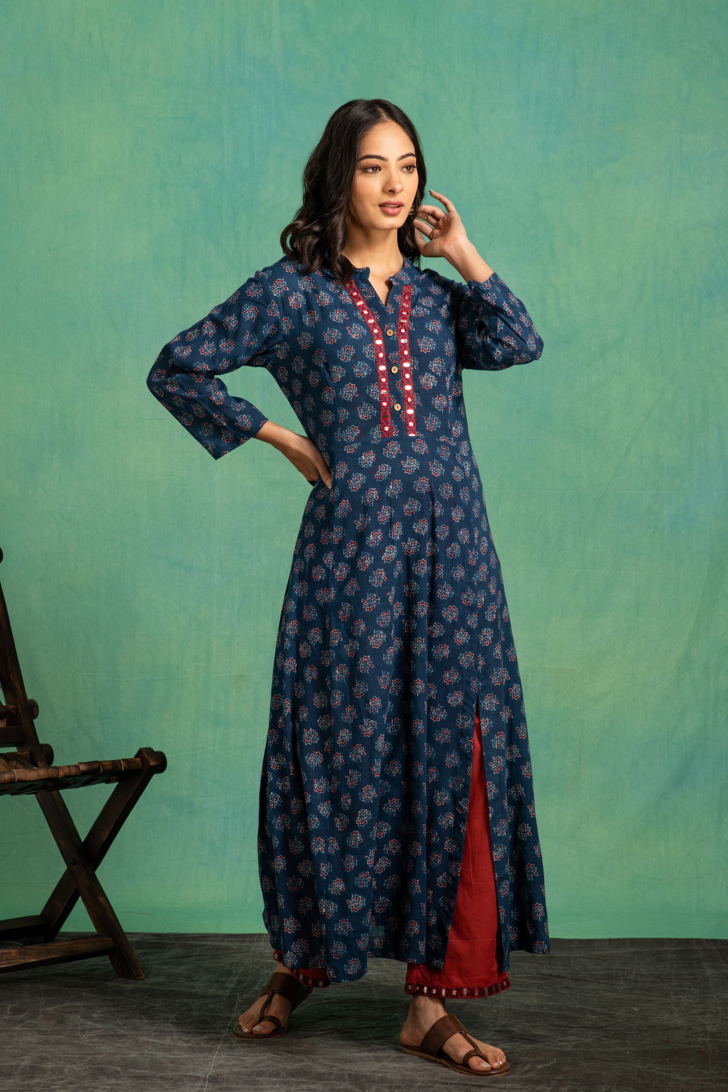 Ajrakh Handblock Pure Cotton Flaired Top with Embroidered Neckline