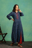 Ajrakh Handblock Pure Cotton Flaired Top with Embroidered Neckline