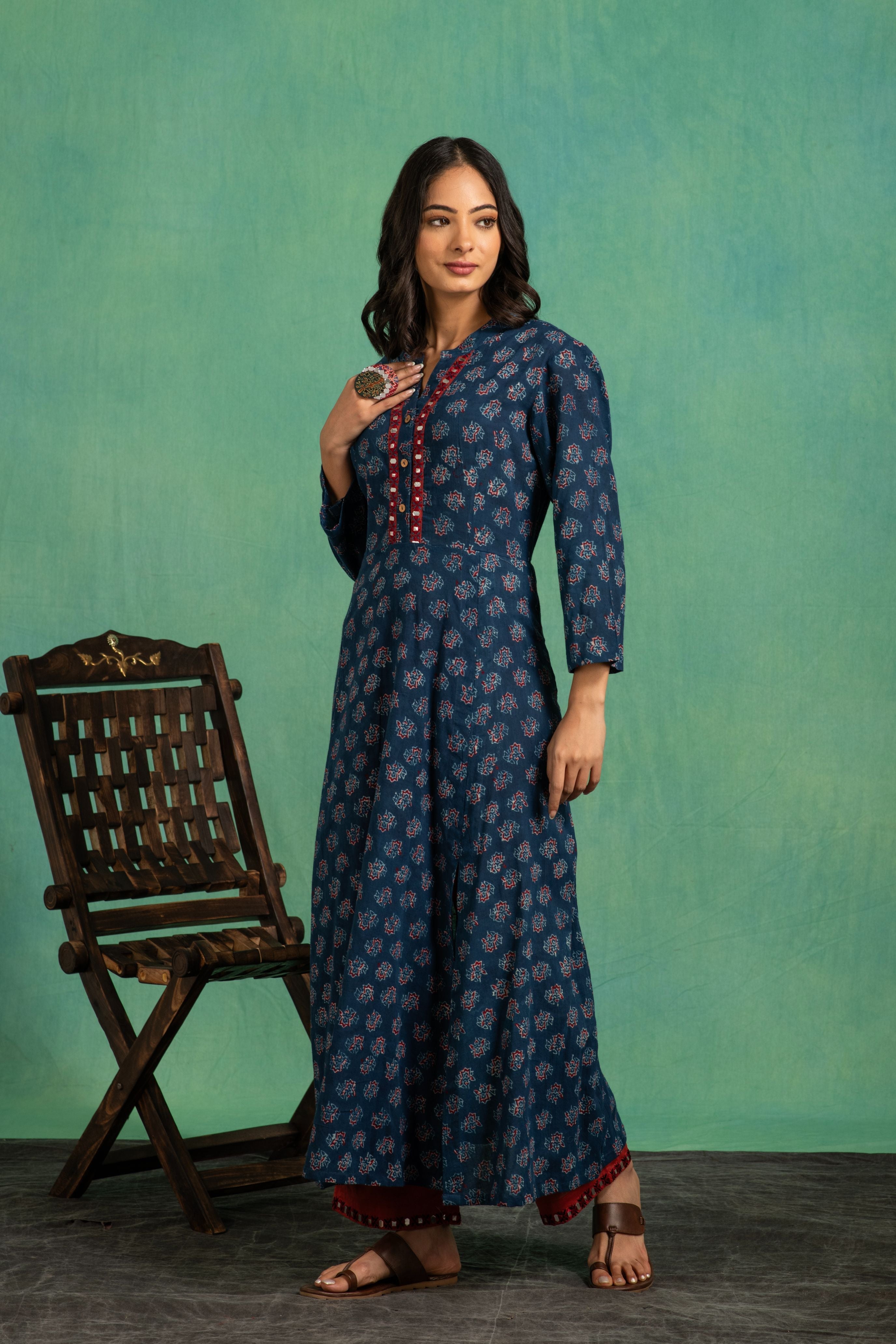 Ajrakh Handblock Pure Cotton Flaired Top with Embroidered Neckline