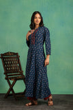 Ajrakh Handblock Pure Cotton Flaired Top with Embroidered Neckline