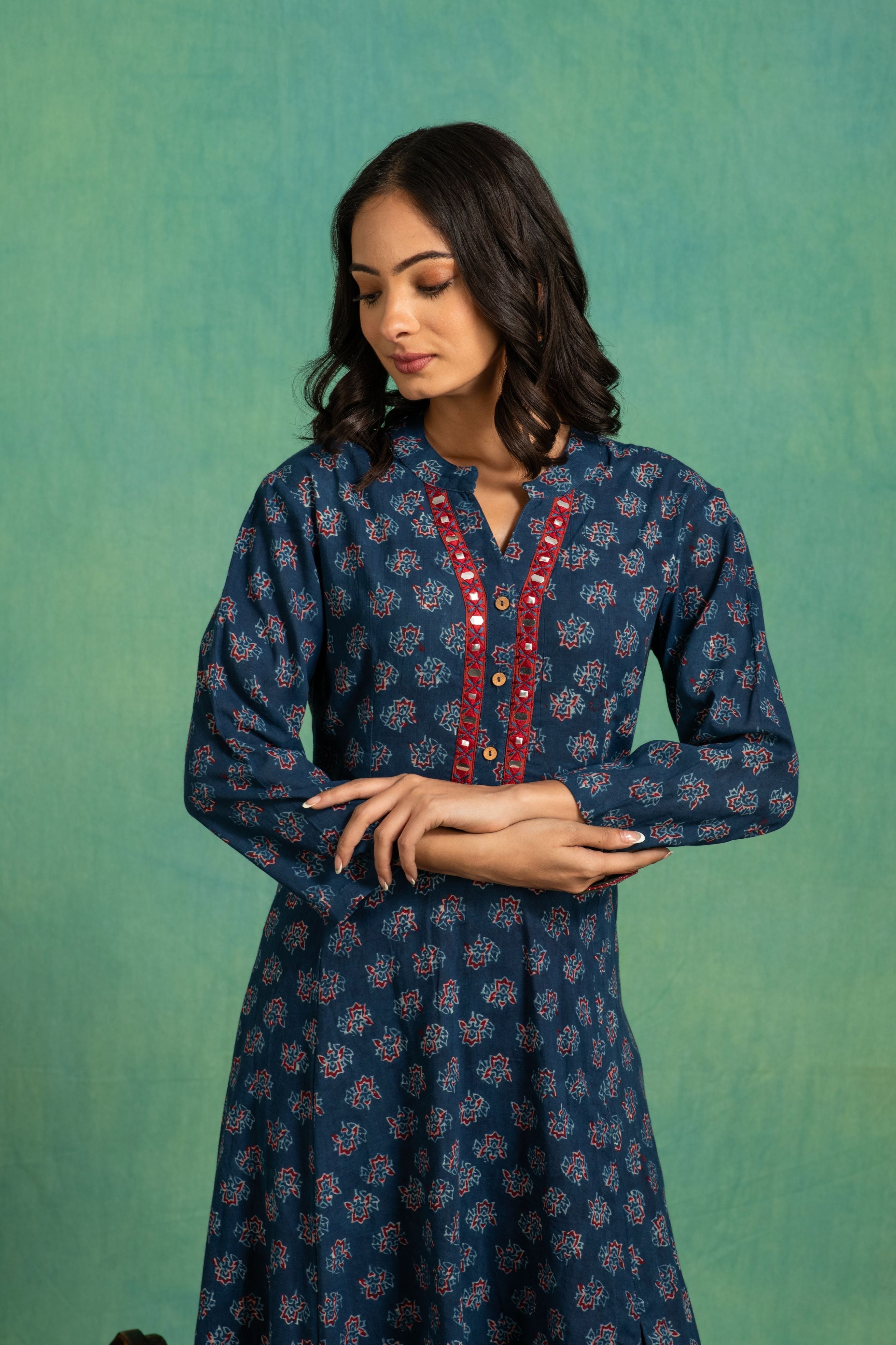 Ajrakh Handblock Pure Cotton Flaired Top with Embroidered Neckline