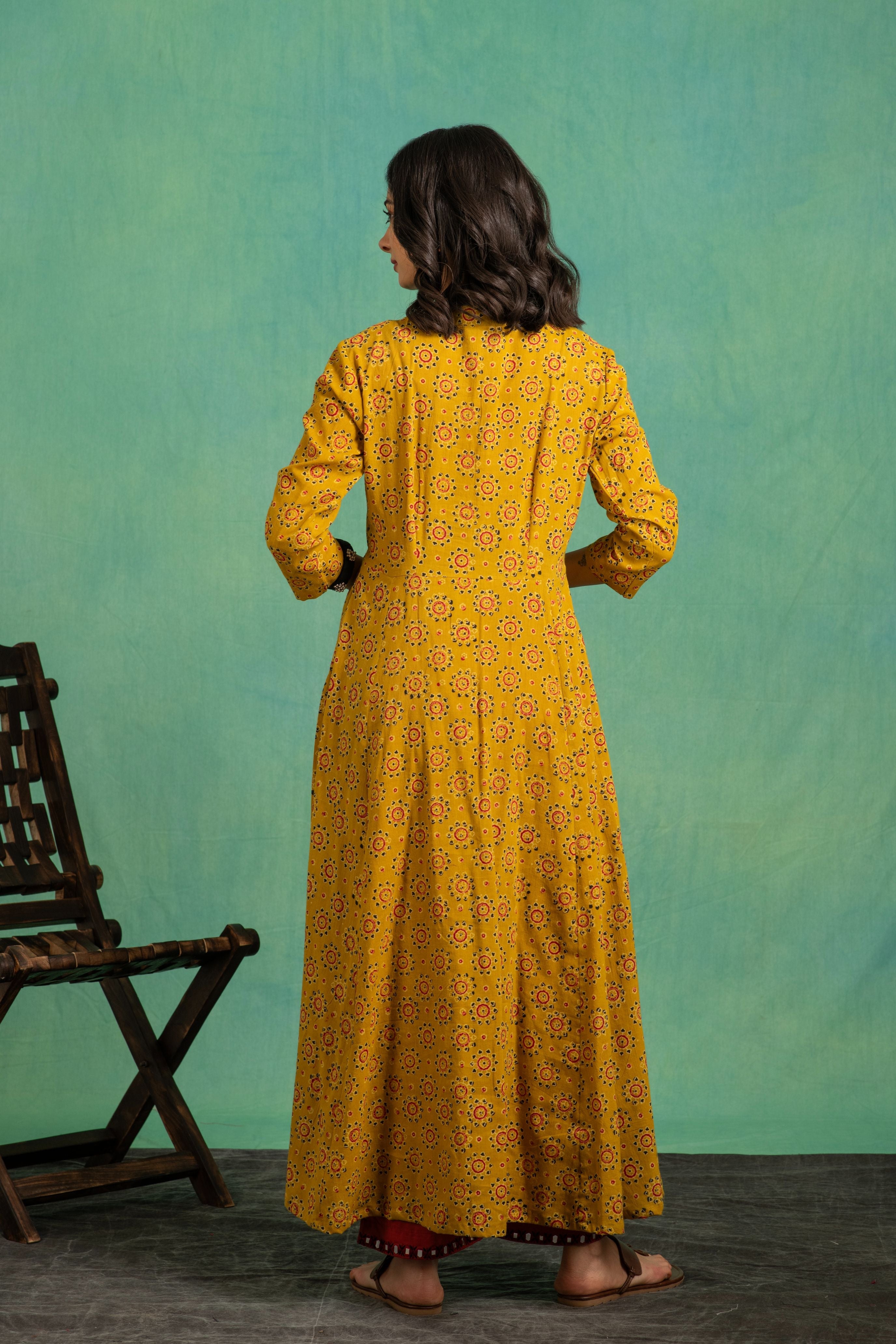 Ajrakh Handblock Pure cotton Flaired Ttop with Embroidered Neckline