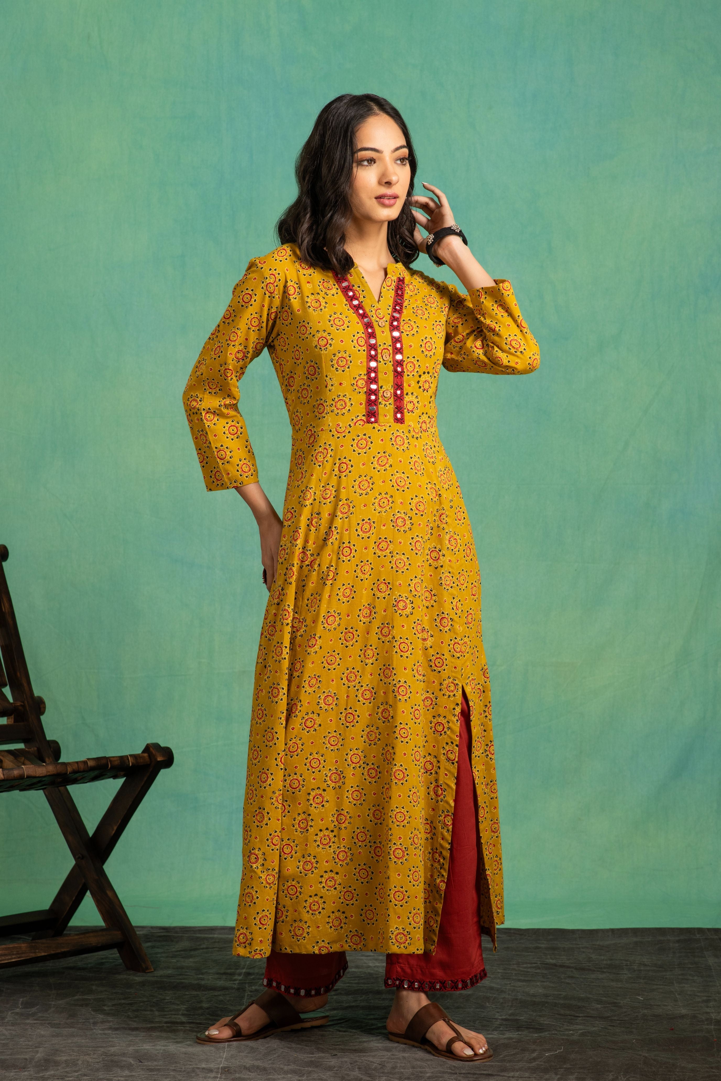 Ajrakh Handblock Pure cotton Flaired Ttop with Embroidered Neckline