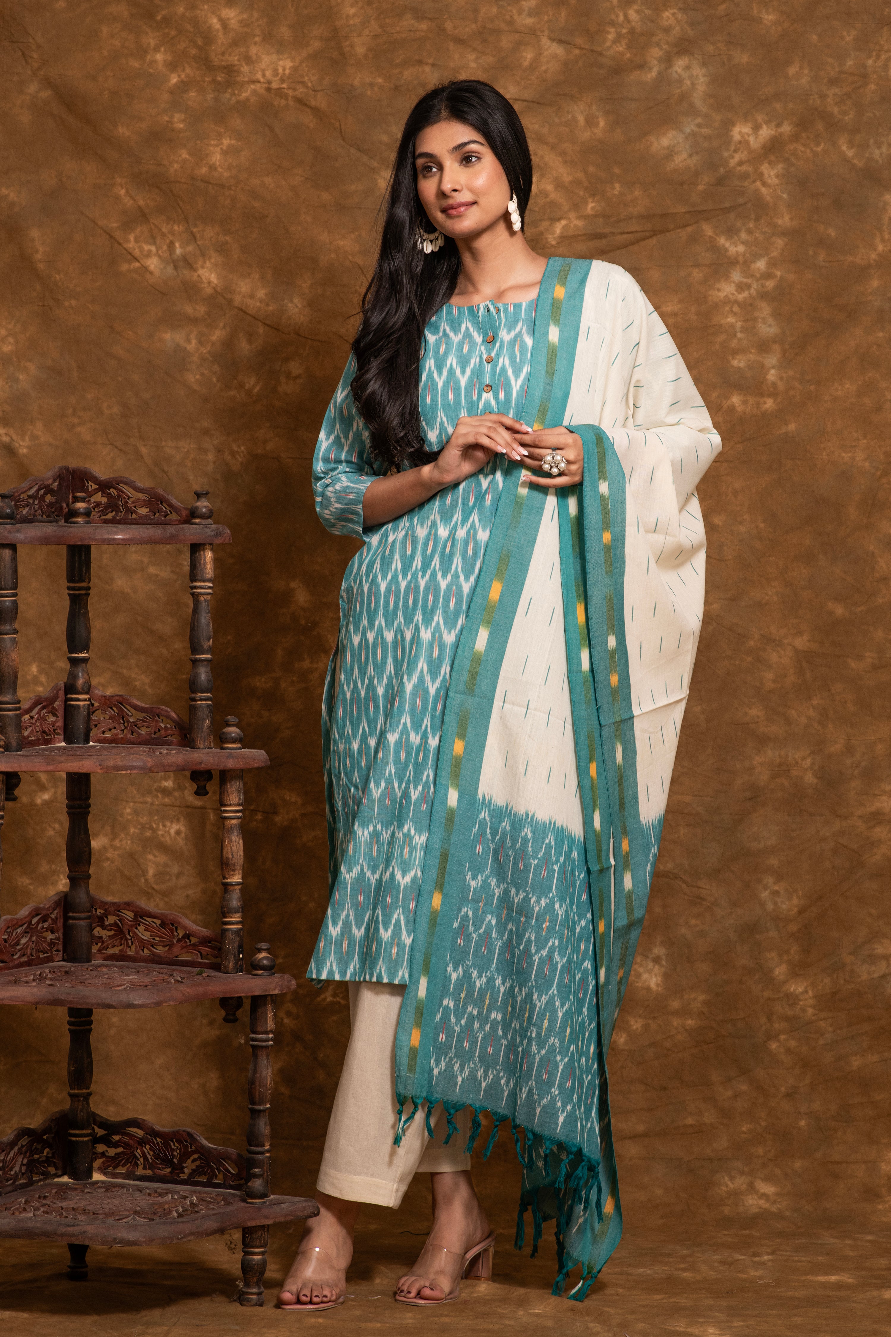 Pure cotton pochampally Ikkat weave kurta with contrast bottom and dupatta IK135