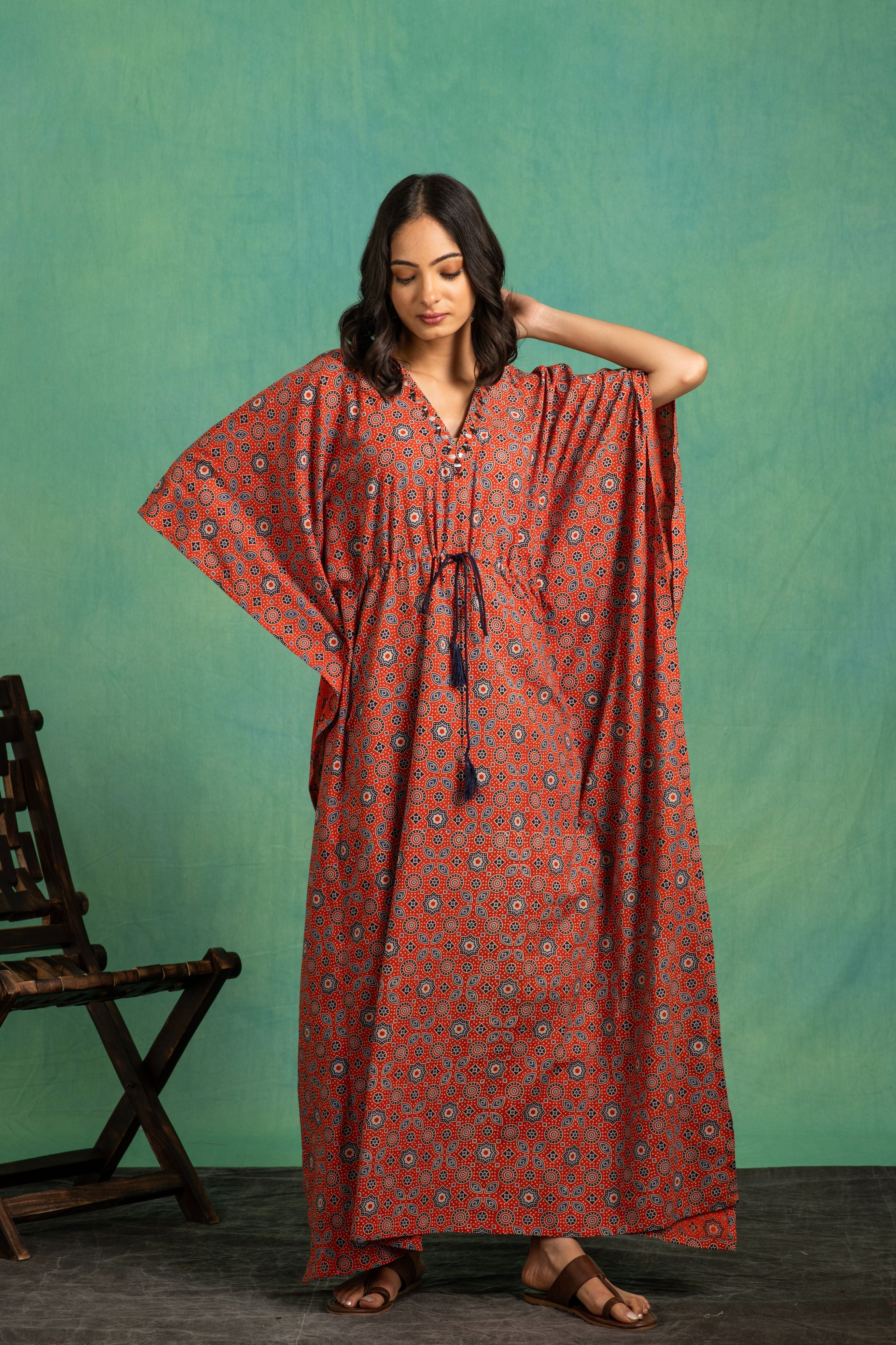 Ajrakh Handblock Pure Cotton one piece kaftan Dress