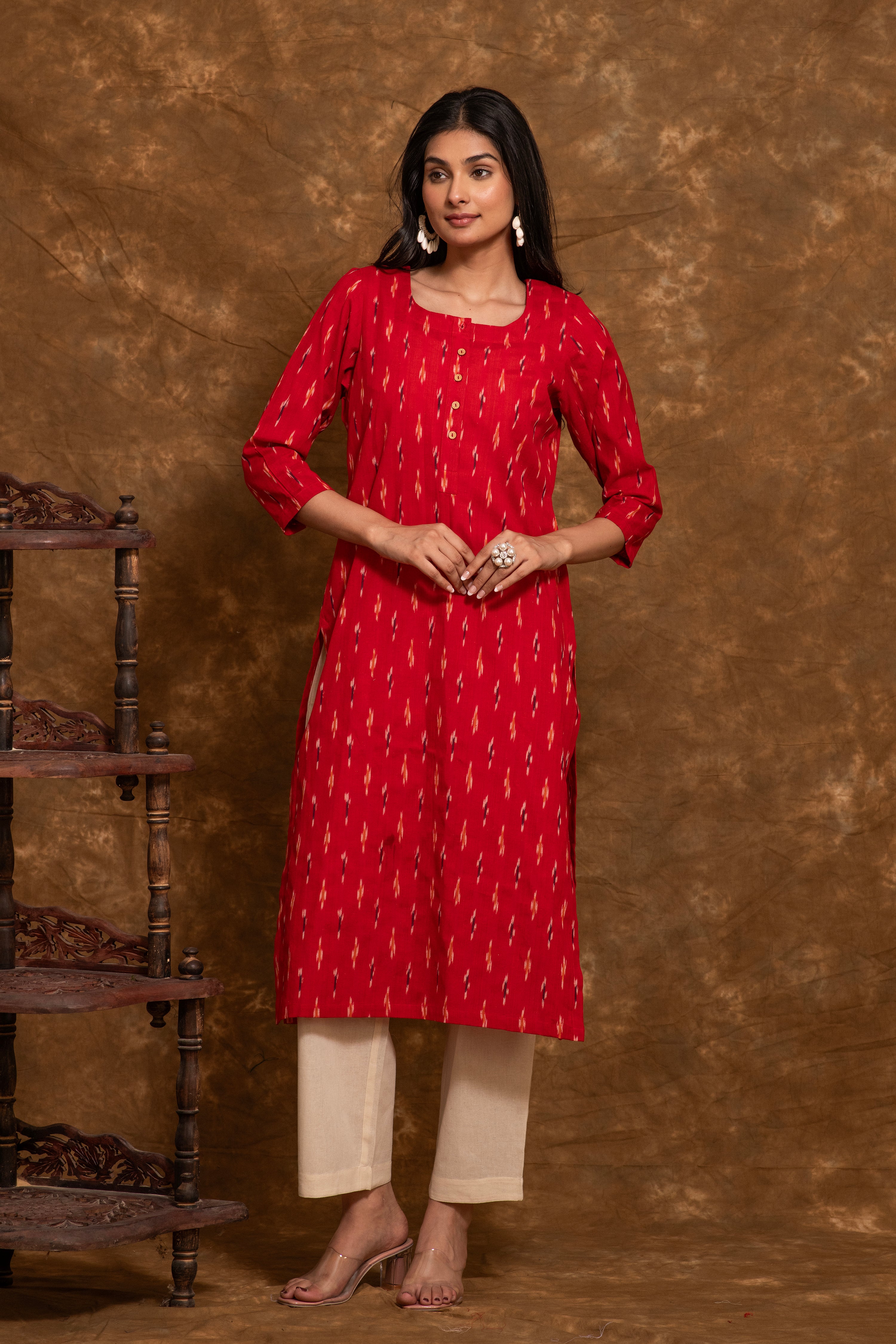 Pure cotton Pochampally double Ikkat weave kurta with contrast bottom and dupatta DK76