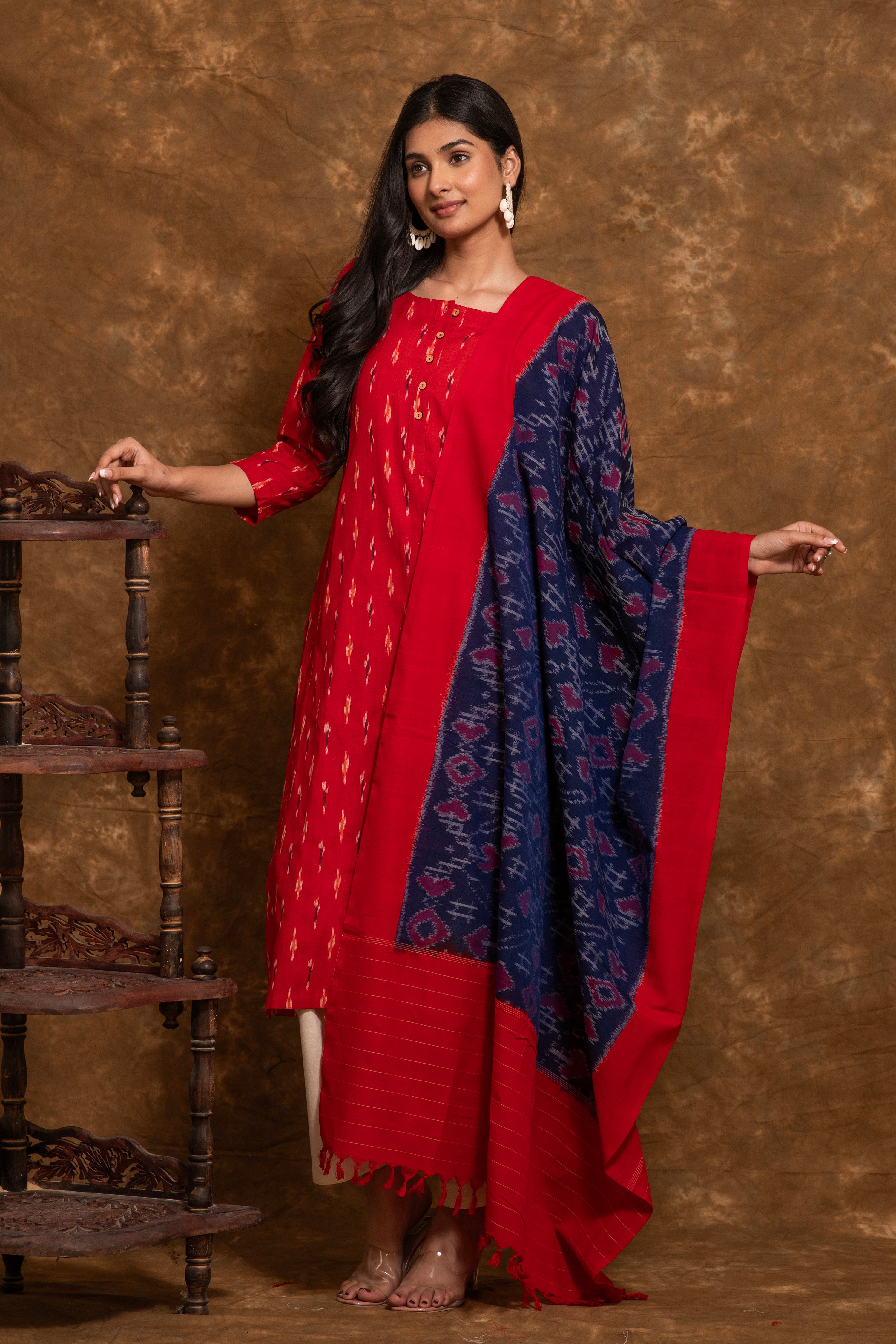 Pure cotton Pochampally double Ikkat weave kurta with contrast bottom and dupatta DK76