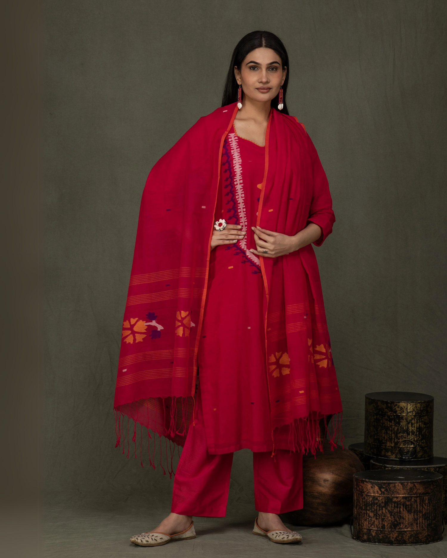 Hand Made Pure Jamdani Floral Soft and Fine Cotton Kurta with Pant and Dupatta PA 33