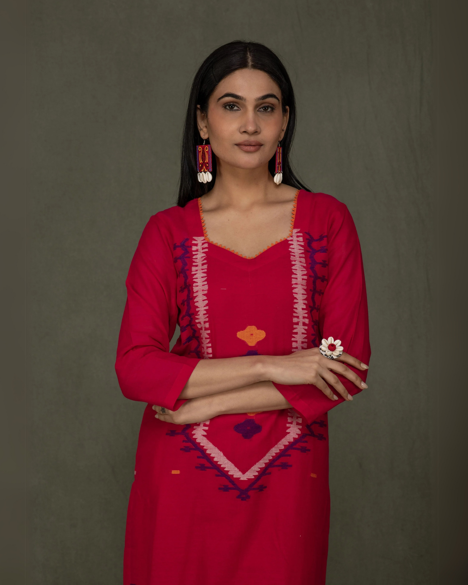 Hand Made Pure Jamdani Floral Soft and Fine Cotton Kurta with Pant and Dupatta PA 33