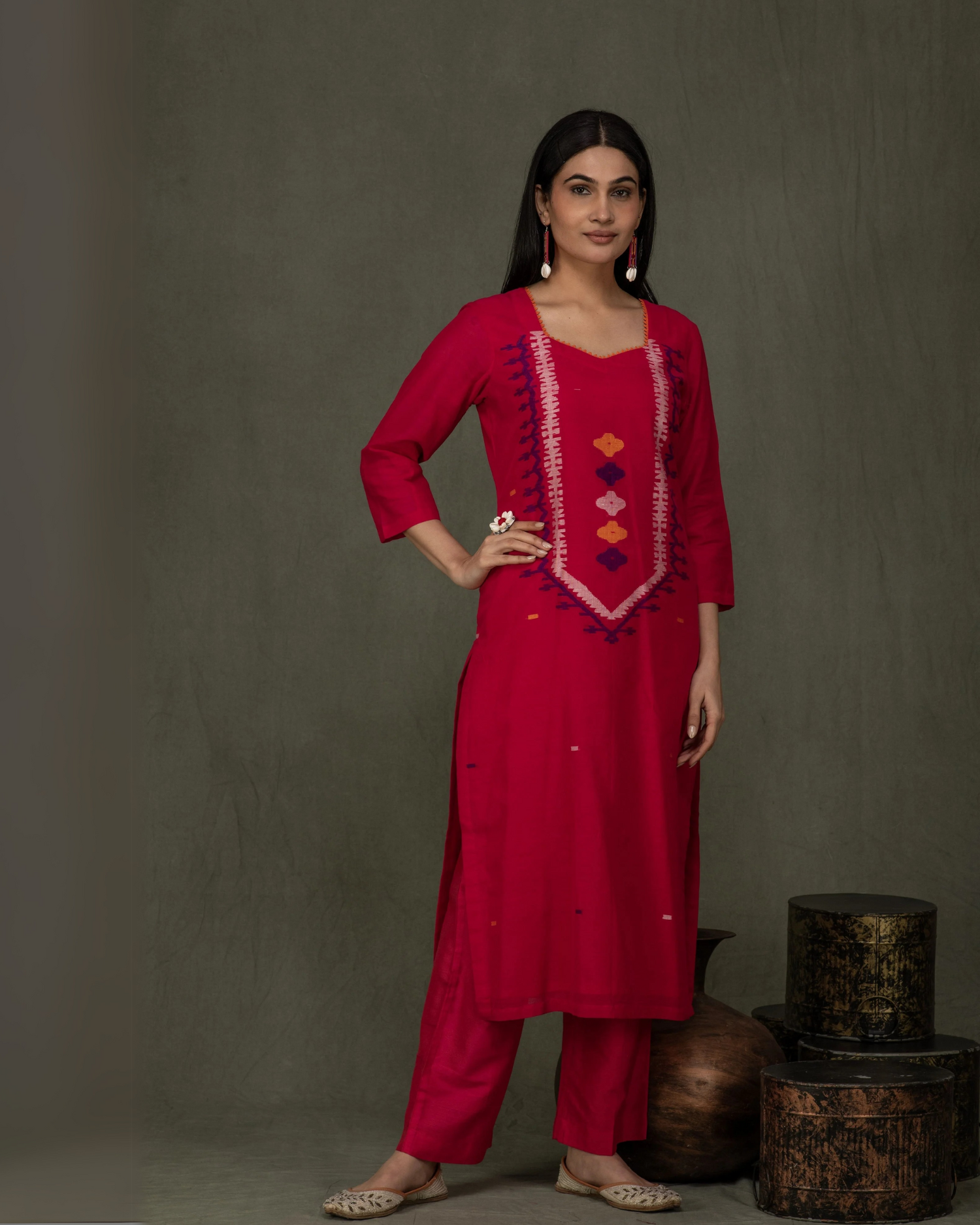 Hand Made Pure Jamdani Floral Soft and Fine Cotton Kurta with Pant and Dupatta PA 33