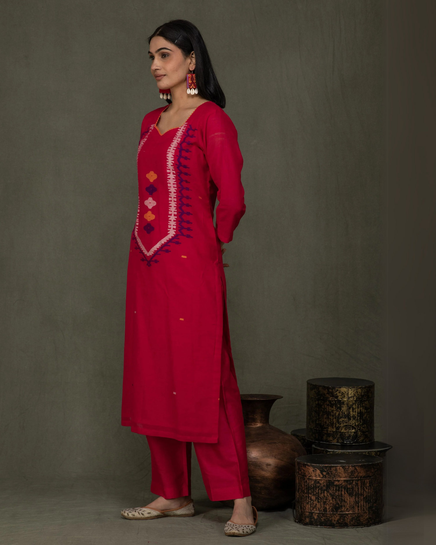 Hand Made Pure Jamdani Floral Soft and Fine Cotton Kurta with Pant and Dupatta PA 33
