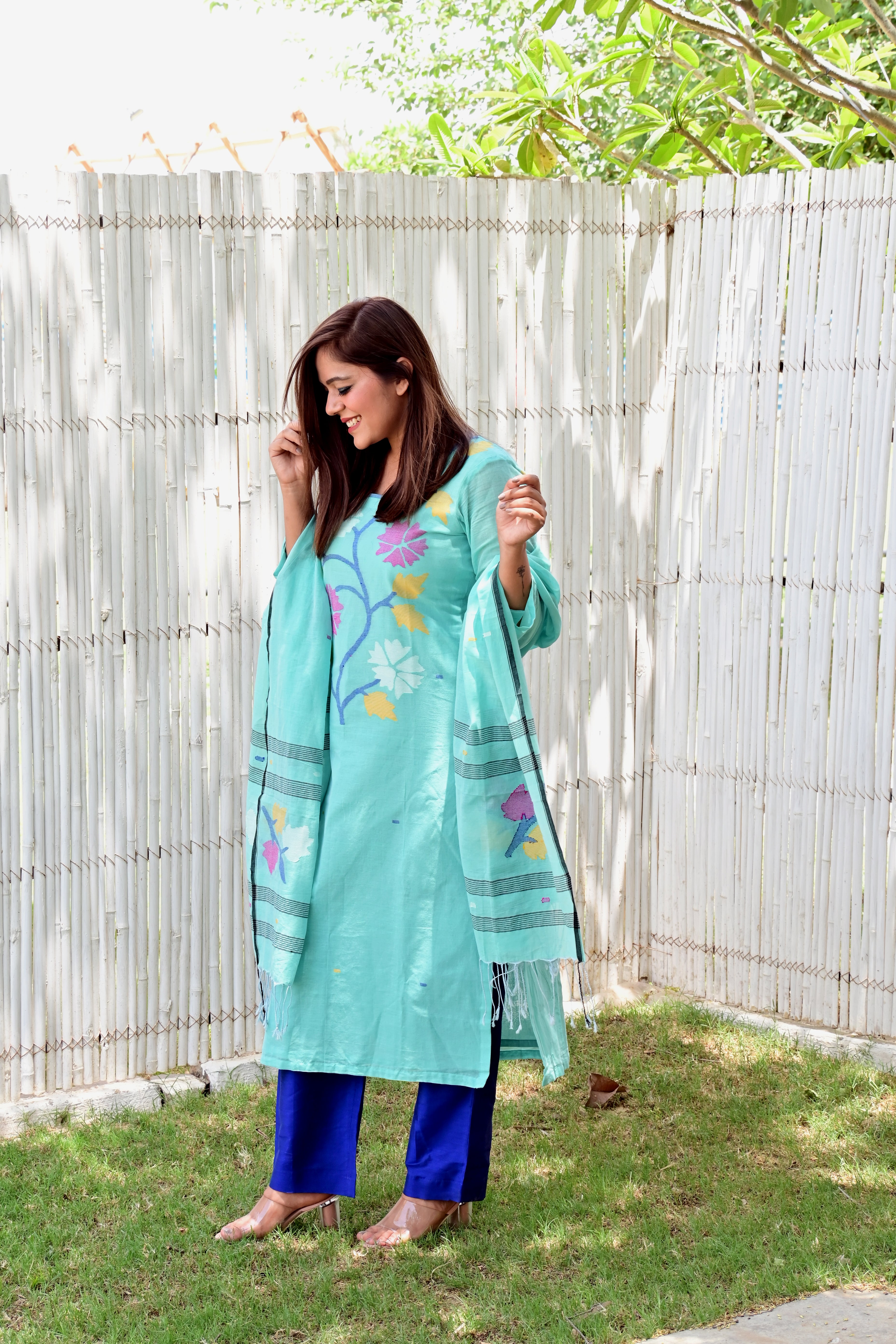 Hand Made Pure Jamdani Floral Soft and Fine Cotton Kurta with Pant and Dupatta PA 26