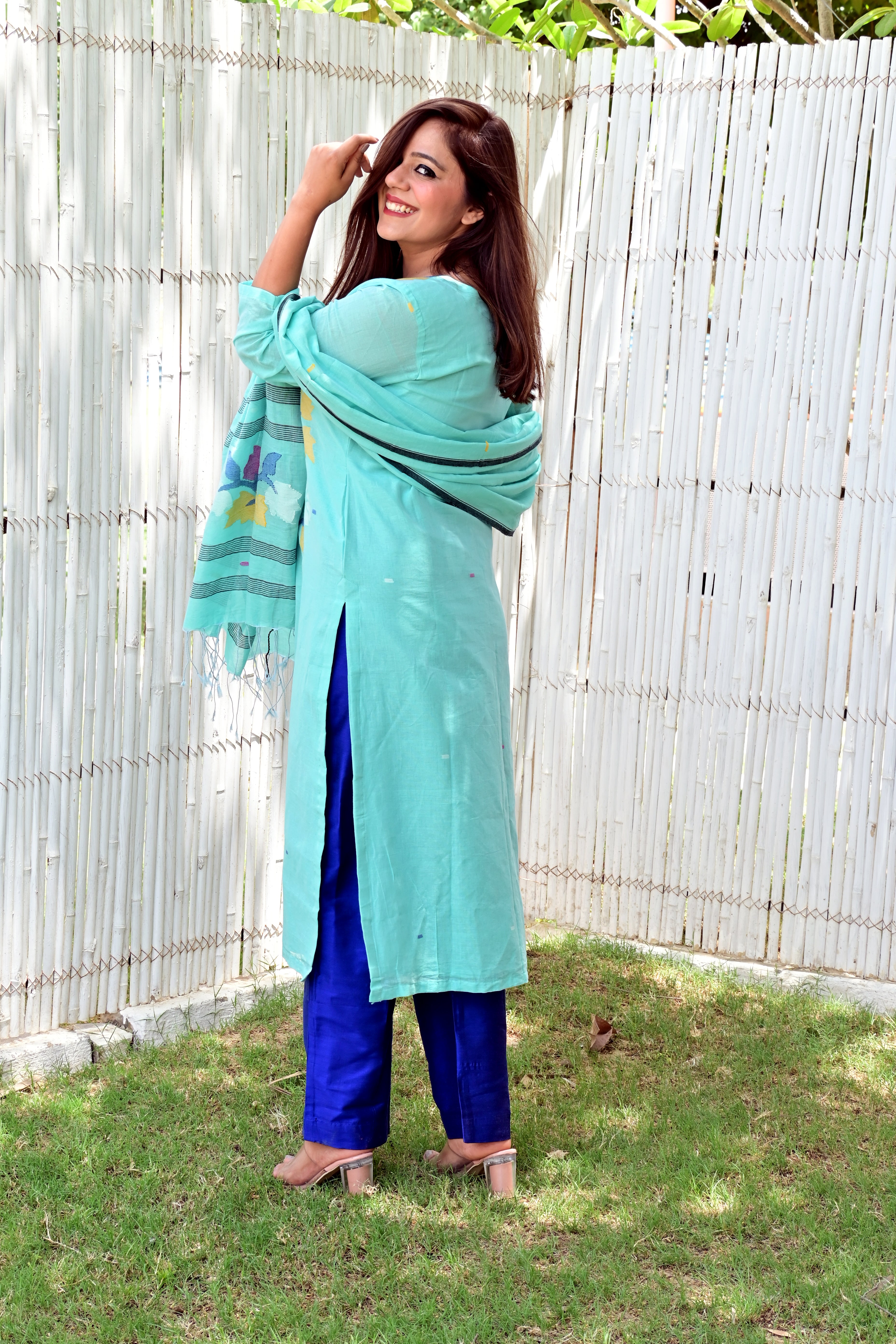Hand Made Pure Jamdani Floral Soft and Fine Cotton Kurta with Pant and Dupatta PA 26
