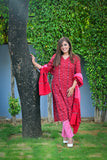 Red Sambalpuri Kurta with Plain Pink Bottom 3 Piece Suit Set with Contrast r/p Dupatta
