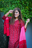 Red Sambalpuri Kurta with Plain Pink Bottom 3 Piece Suit Set with Contrast r/p Dupatta