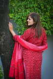 Red Sambalpuri Kurta with Plain Pink Bottom 3 Piece Suit Set with Contrast r/p Dupatta