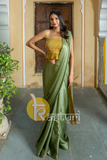 Mustard and green embroidered blouse and silk saree