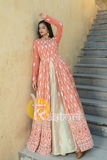 Peach embroidered georgette anarkali kurta with lehenga skirt dress