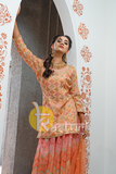 Peach bandini and embroidered kurta with lehenga set