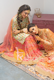 Peach bandini and embroidered kurta with lehenga set