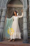 White embroidered georgette anarkali kurta set with dupatta