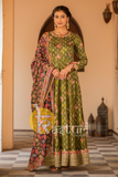 Mehendi and multicolor embroidered full length dola silk anarkali kurta set with dupatta