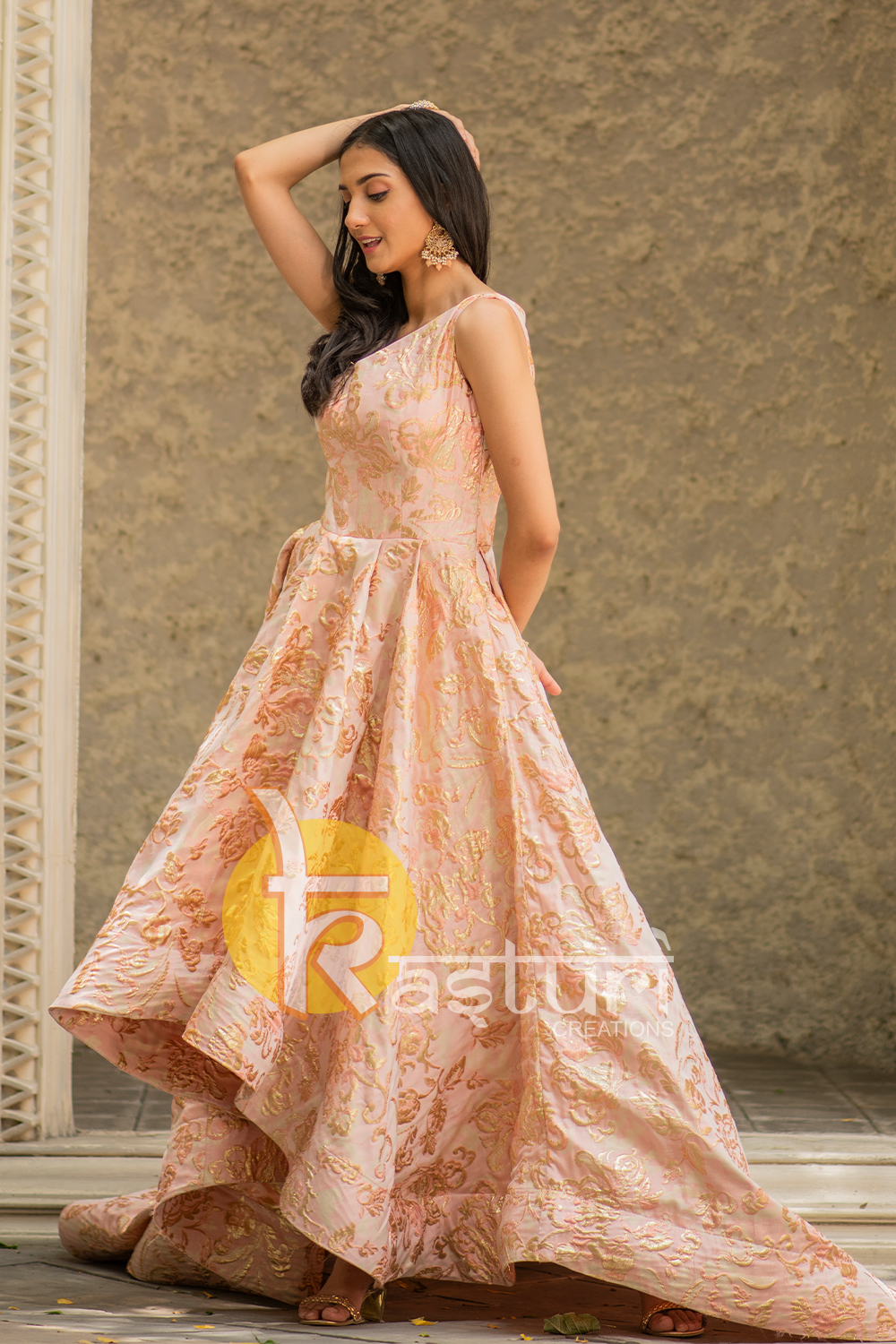 Pink golden embroidered silk party wear gown dress – Kasturi Creations